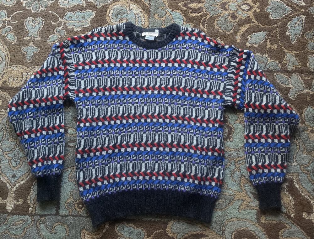 VTG Mens XL Scottish PURE NEW WOOL Sweater Eclectic Grandpa Grandpacore Art Deco